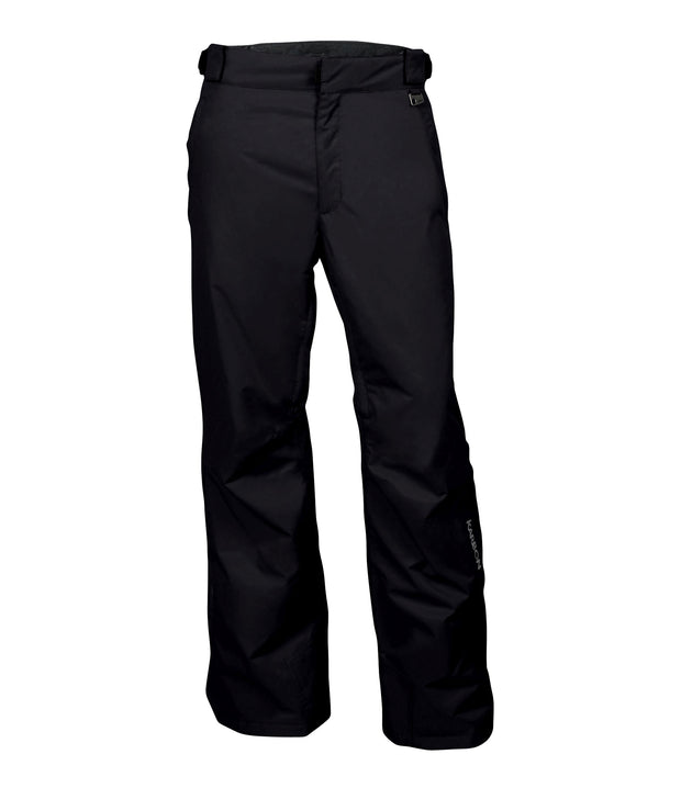 A pair of black shell pants with zippered hand pockets, and an adjustable waistband with belt loops.