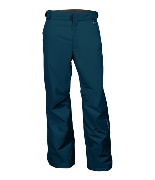 A pair of dark green snow pants with zippered hand pockets, and an adjustable waistband with belt loops.