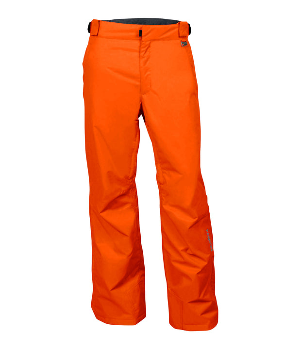 A pair of orange snow pants with zippered hand pockets, and an adjustable waistband with belt loops.