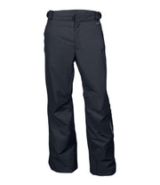 A pair of dark grey snow pants with zippered hand pockets, and an adjustable waistband with belt loops.