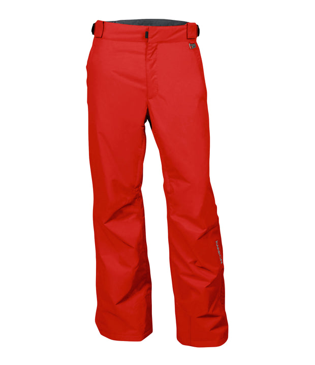 A pair of red snow pants with zippered hand pockets, and an adjustable waistband with belt loops.