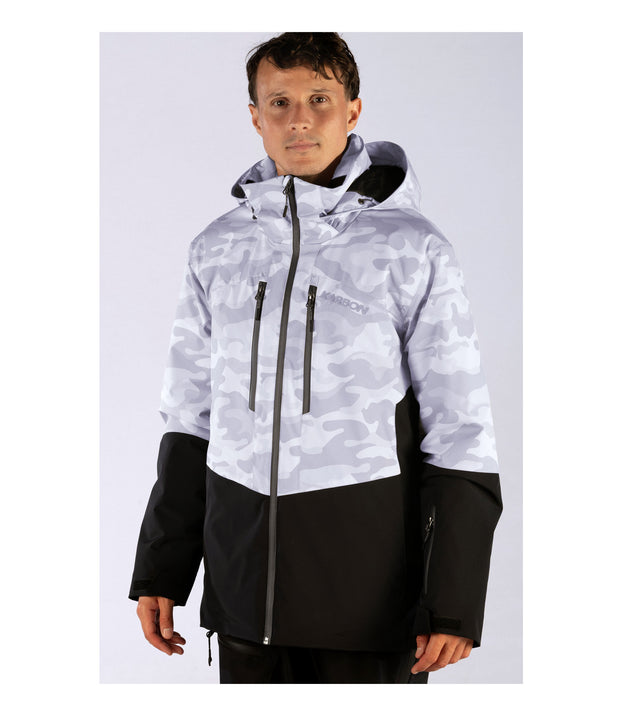 A two-tone insulated jacket with a grey camo pattern shoulders, upper chest, and upper sleeves, paired with a black body and lower sleeves. The jacket features a front zip closure, two zippered chest pockets, and two side zip pockets, with an adjustable hood.