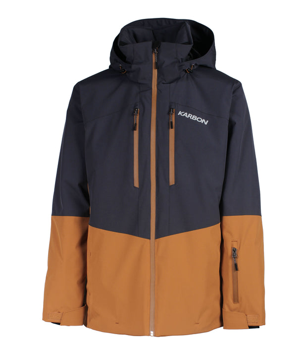 A two-tone insulated jacket with a grey hood, shoulders, upper chest, and upper sleeves, paired with a brown body and lower sleeves. The jacket features a front zip closure, two zippered chest pockets, and two side zip pockets, with an adjustable hood.