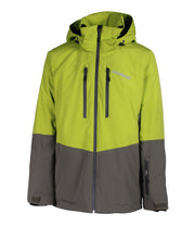 A two-tone insulated jacket with a green hood, shoulders, upper chest, and upper sleeves, paired with a darker green body and lower sleeves. The jacket features a front zip closure, two zippered chest pockets, and two side zip pockets, with an adjustable hood.
