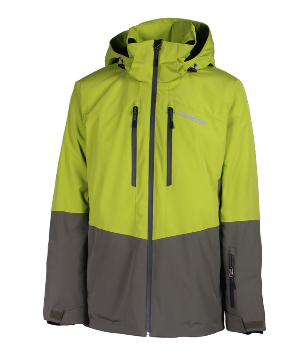 A two-tone insulated jacket with a green hood, shoulders, upper chest, and upper sleeves, paired with a darker green body and lower sleeves. The jacket features a front zip closure, two zippered chest pockets, and two side zip pockets, with an adjustable hood.