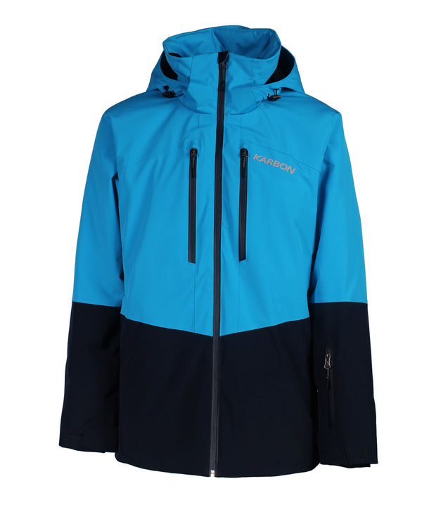 A two-tone insulated jacket with a blue hood, shoulders, upper chest, and upper sleeves, paired with a navy blue body and lower sleeves. The jacket features a front zip closure, two zippered chest pockets, and two side zip pockets, with an adjustable hood.