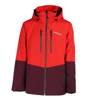 A two-tone insulated jacket with a red hood, shoulders, upper chest, and upper sleeves, paired with a darker red body and lower sleeves. The jacket features a front zip closure, two zippered chest pockets, and two side zip pockets, with an adjustable hood.
