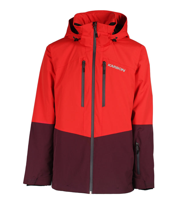 A two-tone insulated jacket with a red hood, shoulders, upper chest, and upper sleeves, paired with a darker red body and lower sleeves. The jacket features a front zip closure, two zippered chest pockets, and two side zip pockets, with an adjustable hood.
