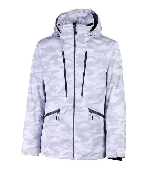 A white camouflage pattern insulated jacket featuring a front zip closure, two zippered chest pockets, and two side zip pockets, with an adjustable hood.