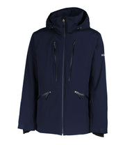 A navy blue insulated jacket featuring a front zip closure, two zippered chest pockets, and two side zip pockets, with an adjustable hood.