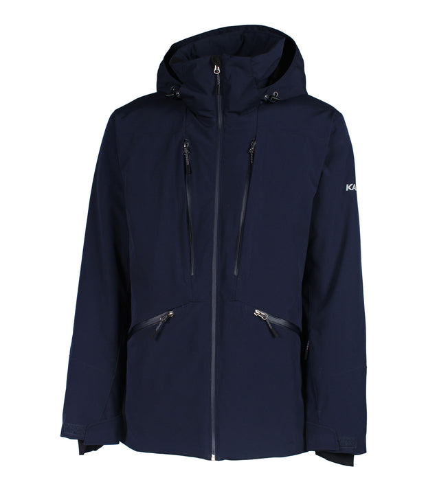 A navy blue insulated jacket featuring a front zip closure, two zippered chest pockets, and two side zip pockets, with an adjustable hood.