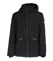 A black insulated jacket featuring a front zip closure, two zippered chest pockets, and two side zip pockets, with an adjustable hood.
