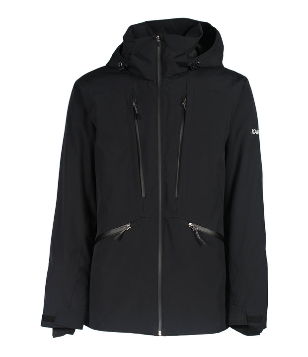 A black insulated jacket featuring a front zip closure, two zippered chest pockets, and two side zip pockets, with an adjustable hood.