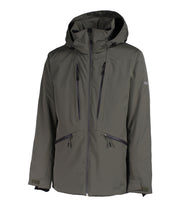 A green insulated jacket featuring a front zip closure, two zippered chest pockets, and two side zip pockets, with an adjustable hood.