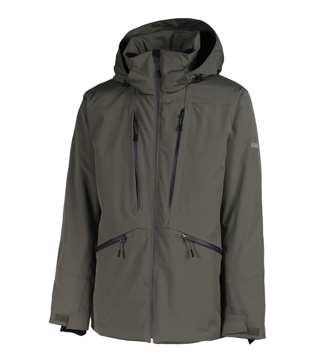 A green insulated jacket featuring a front zip closure, two zippered chest pockets, and two side zip pockets, with an adjustable hood.