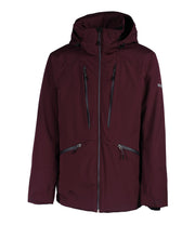 A maroon insulated jacket featuring a front zip closure, two zippered chest pockets, and two side zip pockets, with an adjustable hood.