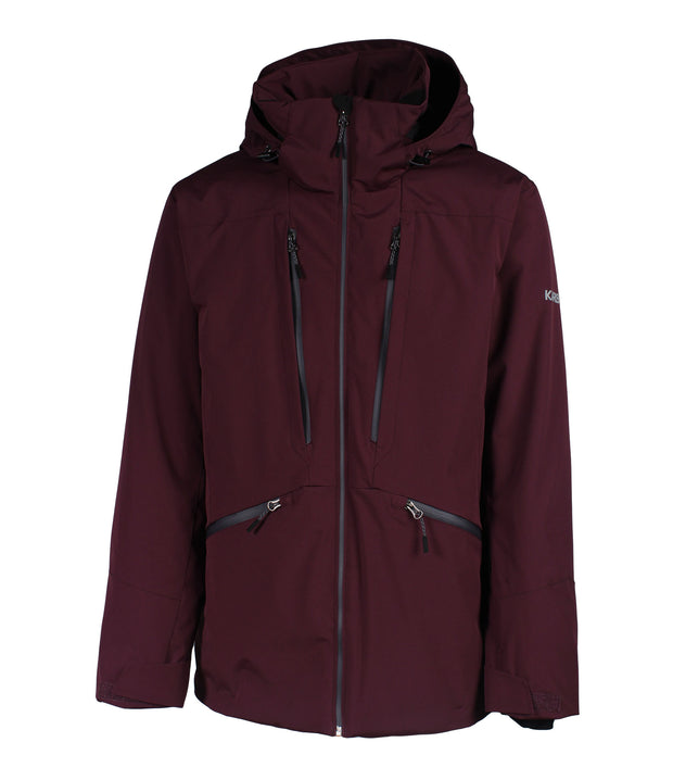 A maroon insulated jacket featuring a front zip closure, two zippered chest pockets, and two side zip pockets, with an adjustable hood.
