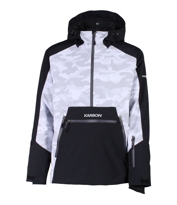 A two-tone men's anorak with a black body and arms, paired with white camouflage panels on the chest and inner arms. The anorak features a hood, half zip front, a zippered kangaroo pocket, zippered side pockets and a sleeve pocket.