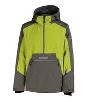 A two-tone men's anorak with a light green body and arms, paired with dark green panels on the chest and inner arms. The anorak features a hood, half zip front, a zippered kangaroo pocket, zippered side pockets and a sleeve pocket.