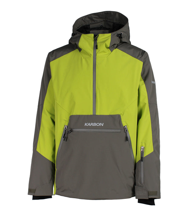 A two-tone men's anorak with a light green body and arms, paired with dark green panels on the chest and inner arms. The anorak features a hood, half zip front, a zippered kangaroo pocket, zippered side pockets and a sleeve pocket.