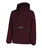 A men's dark purple anorak with a hood, half zip front, a zippered kangaroo pocket, zippered side pockets and a sleeve pocket.