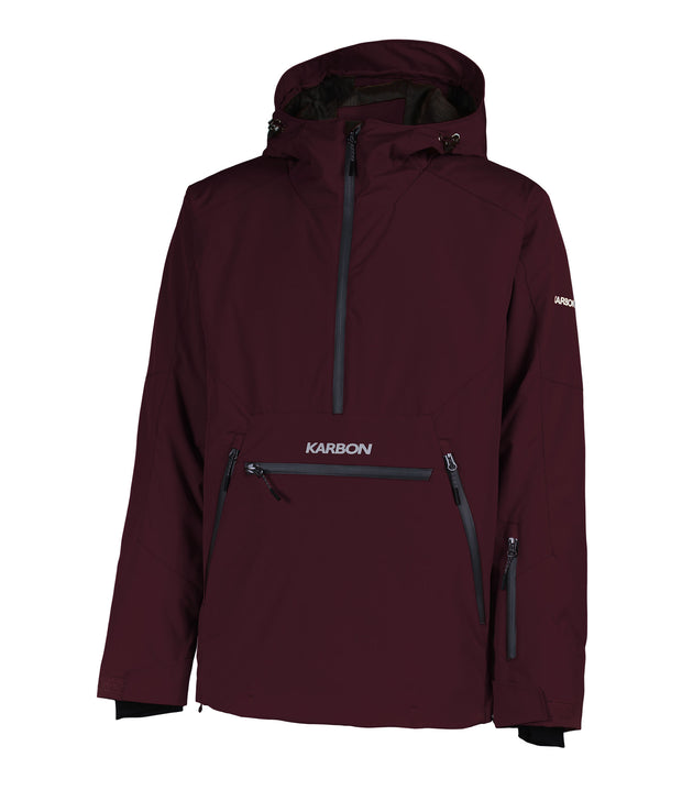 A men's dark purple anorak with a hood, half zip front, a zippered kangaroo pocket, zippered side pockets and a sleeve pocket.