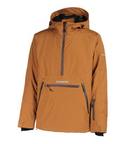 A men's brown anorak with a hood, half zip front, a zippered kangaroo pocket, zippered side pockets and a sleeve pocket.