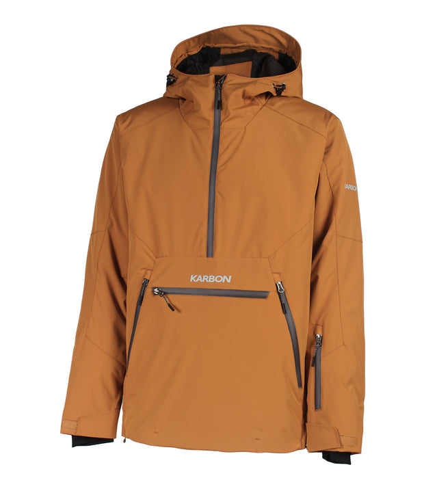 A men's brown anorak with a hood, half zip front, a zippered kangaroo pocket, zippered side pockets and a sleeve pocket.