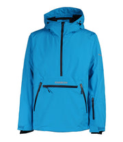 A men's blue anorak with a hood, half zip front, a zippered kangaroo pocket, zippered side pockets and a sleeve pocket.