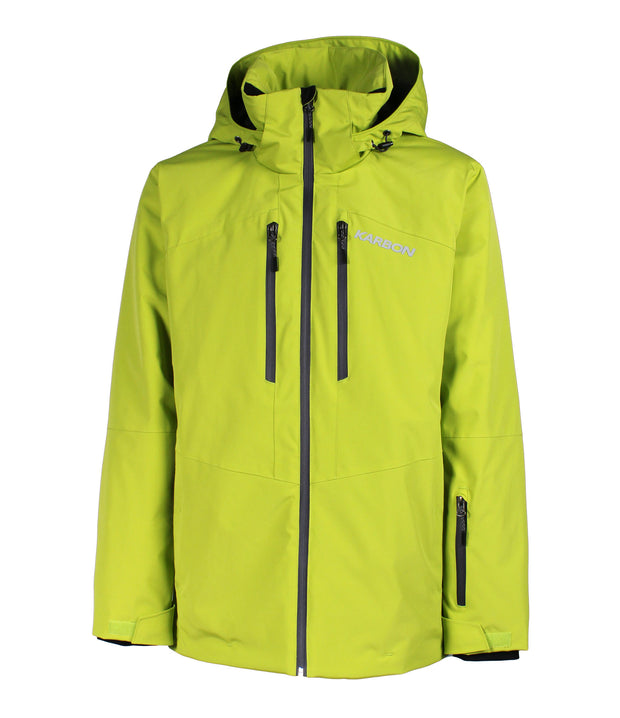 A green shell jacket featuring a front zip closure, zippered chest pocket, and two side zip pockets, with an adjustable hood.