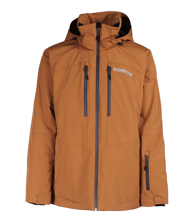 A brown shell jacket featuring a front zip closure, zippered chest pocket, and two side zip pockets, with an adjustable hood.
