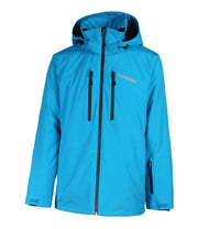 A blue shell jacket featuring a front zip closure, zippered chest pocket, and two side zip pockets, with an adjustable hood.