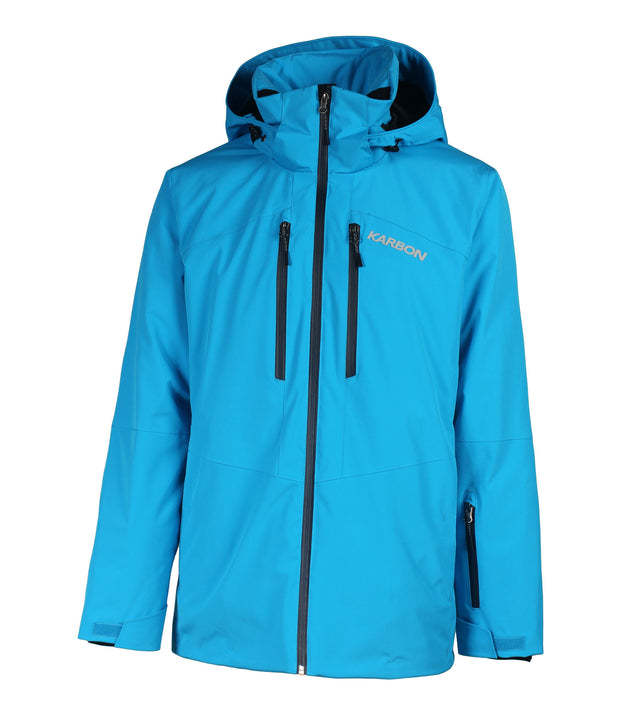 A blue shell jacket featuring a front zip closure, zippered chest pocket, and two side zip pockets, with an adjustable hood.