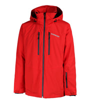 A red shell jacket featuring a front zip closure, zippered chest pocket, and two side zip pockets, with an adjustable hood.