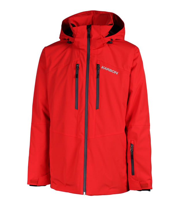 A red shell jacket featuring a front zip closure, zippered chest pocket, and two side zip pockets, with an adjustable hood.