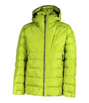 A bright green puffer jacket featuring a front zip closure, a zippered chest pocket with a thin flaps, and a fixed hood.