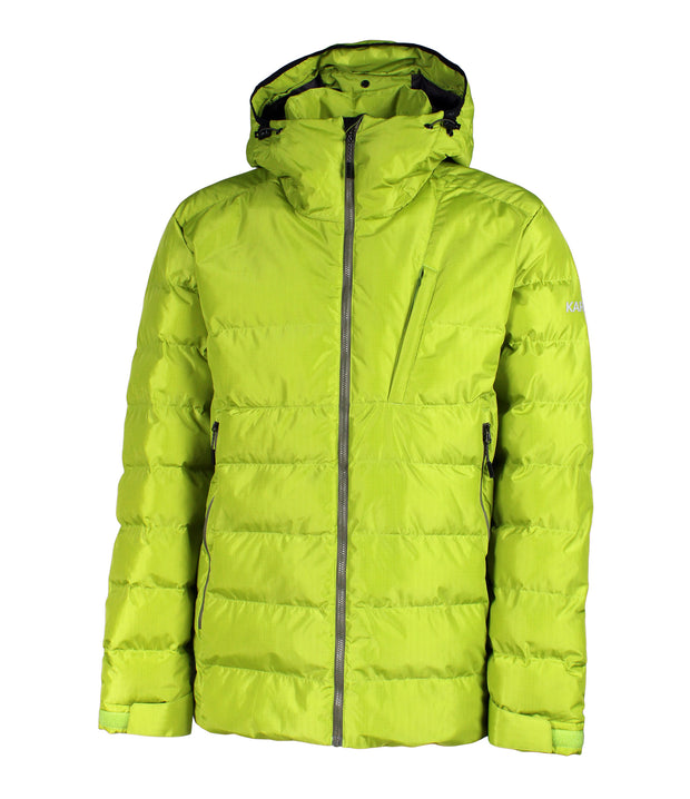 A bright green puffer jacket featuring a front zip closure, a zippered chest pocket with a thin flaps, and a fixed hood.