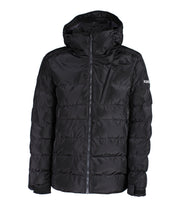 A black puffer jacket featuring a front zip closure, a zippered chest pocket with a thin flaps, and a fixed hood.
