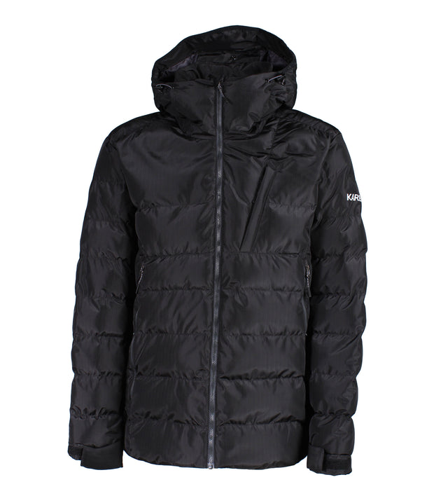 A black puffer jacket featuring a front zip closure, a zippered chest pocket with a thin flaps, and a fixed hood.