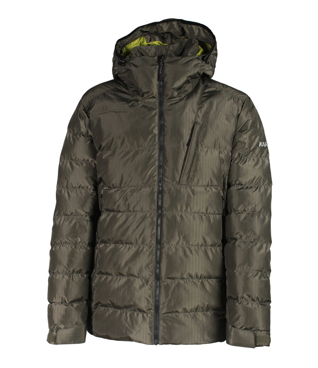A dark green puffer jacket featuring a front zip closure, a zippered chest pocket with a thin flaps, and a fixed hood.