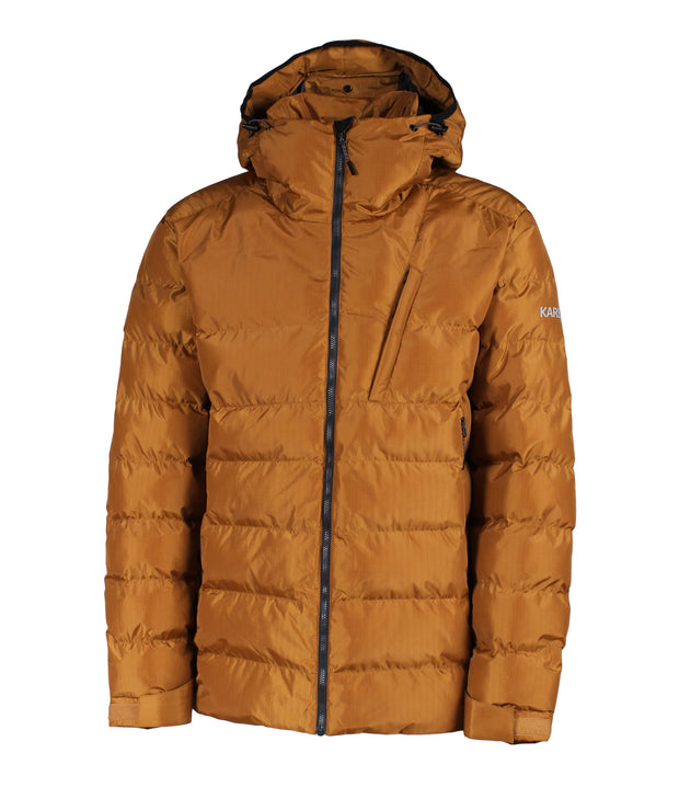 A brown puffer jacket featuring a front zip closure, a zippered chest pocket with a thin flaps, and a fixed hood.