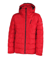 A red puffer jacket featuring a front zip closure, a zippered chest pocket with a thin flaps, and a fixed hood.