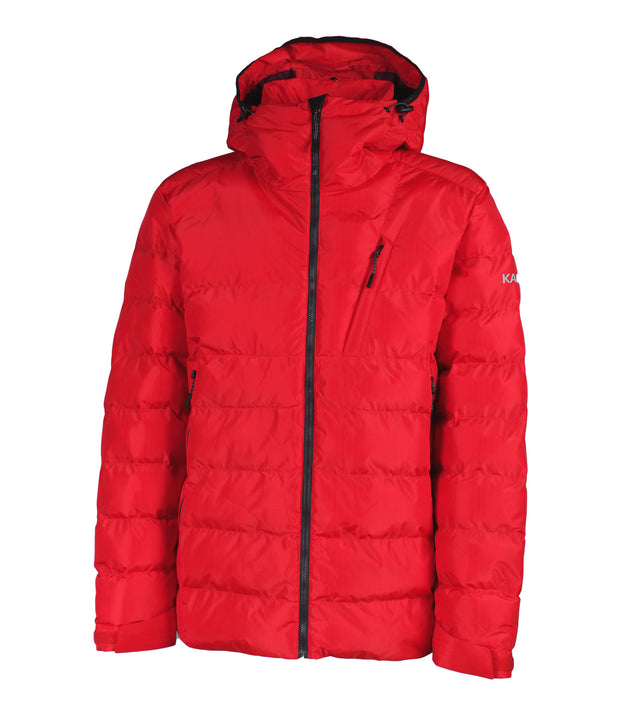 A red puffer jacket featuring a front zip closure, a zippered chest pocket with a thin flaps, and a fixed hood.
