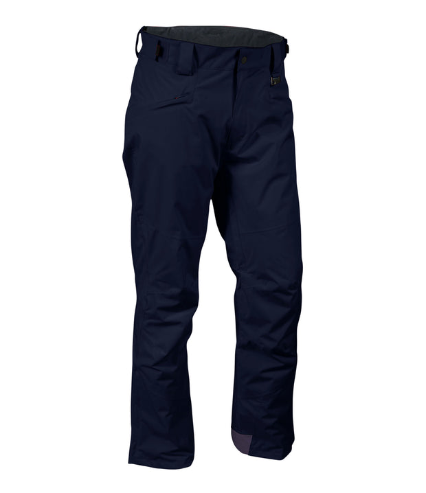 A pair of navy blue shell pants with zippered hand pockets, and an adjustable waistband with belt loops.