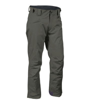 A pair of green shell pants with zippered hand pockets, and an adjustable waistband with belt loops.