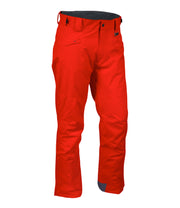 A pair of red snow pants with zippered hand pockets, and an adjustable waistband with belt loops.