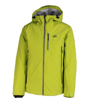 A green shell jacket featuring a front zip closure, zippered chest pocket, and two side zip pockets, with an adjustable hood.