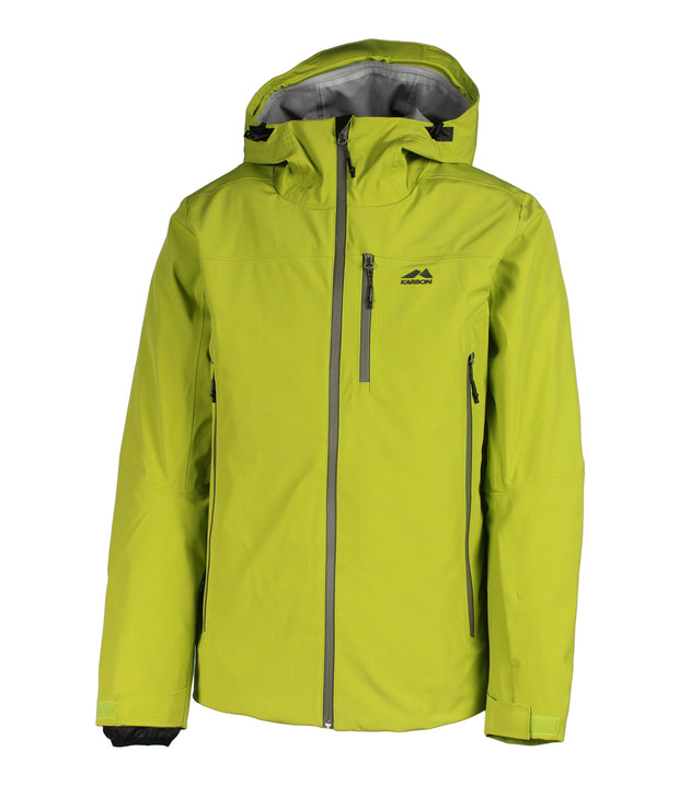 A green shell jacket featuring a front zip closure, zippered chest pocket, and two side zip pockets, with an adjustable hood.
