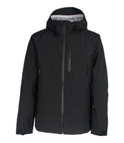 A black shell jacket featuring a front zip closure, zippered chest pocket, and two side zip pockets, with an adjustable hood.