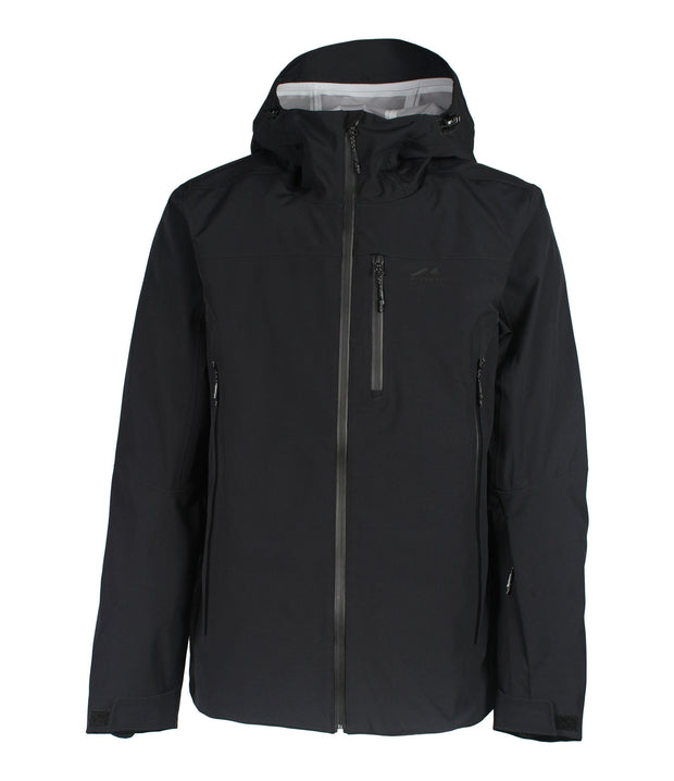 A black shell jacket featuring a front zip closure, zippered chest pocket, and two side zip pockets, with an adjustable hood.
